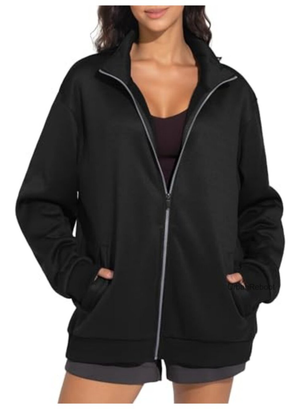 Oversized Fleece Zip Up Mock Neck Sweatshirt Jacket
